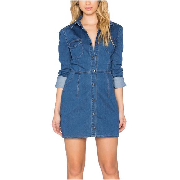 Free People Jean Dynamite Mini Dress Long Sleeve Stretch Denim Blue Women's M - Picture 2 of 16